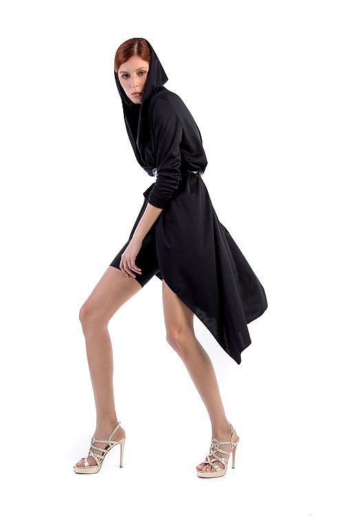 BLACK LONG OPEN FRONT HOODED CARDIGAN WITH POCKETS
